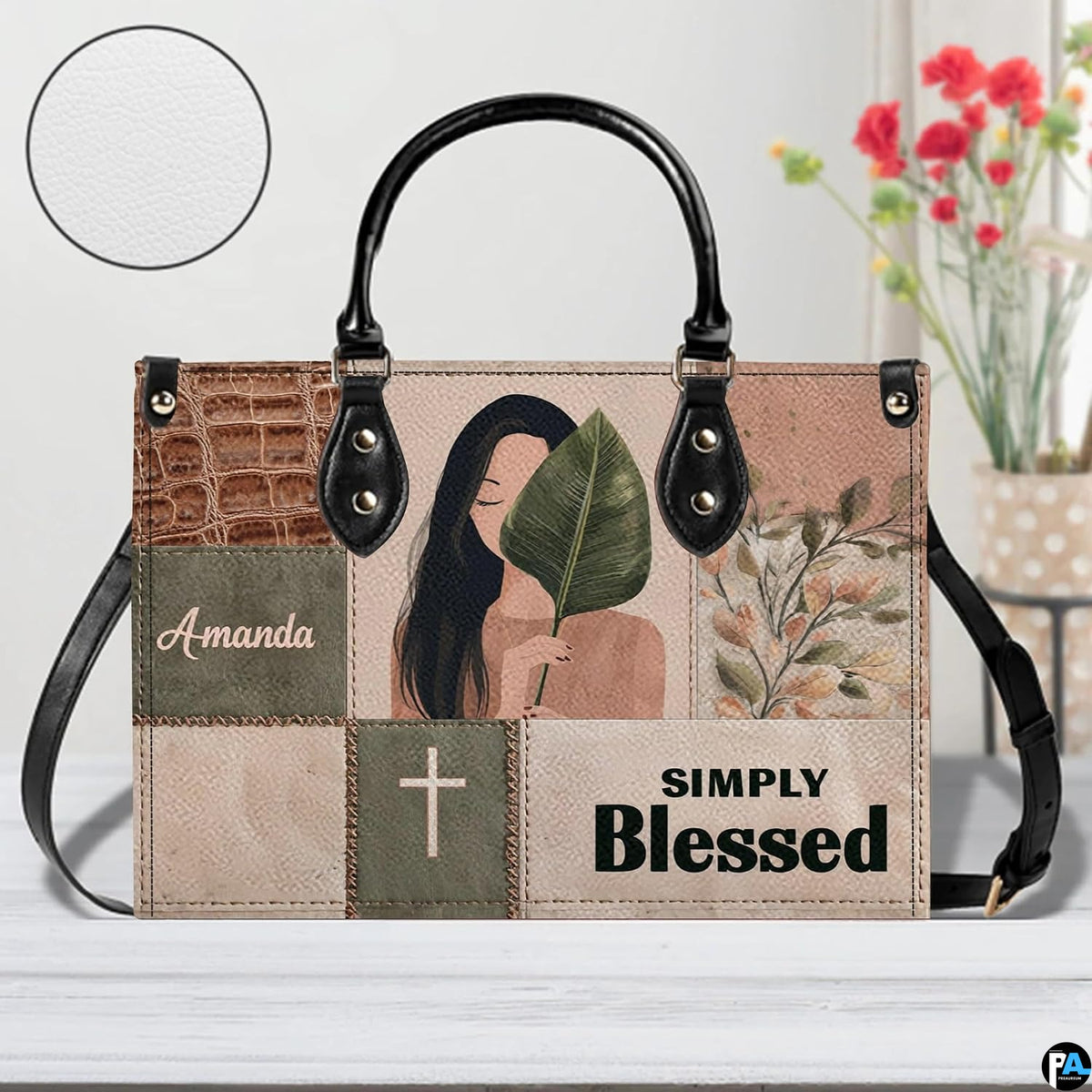 Front view of boho portrait patchwork handbag showing central woman portrait and botanical branches.
