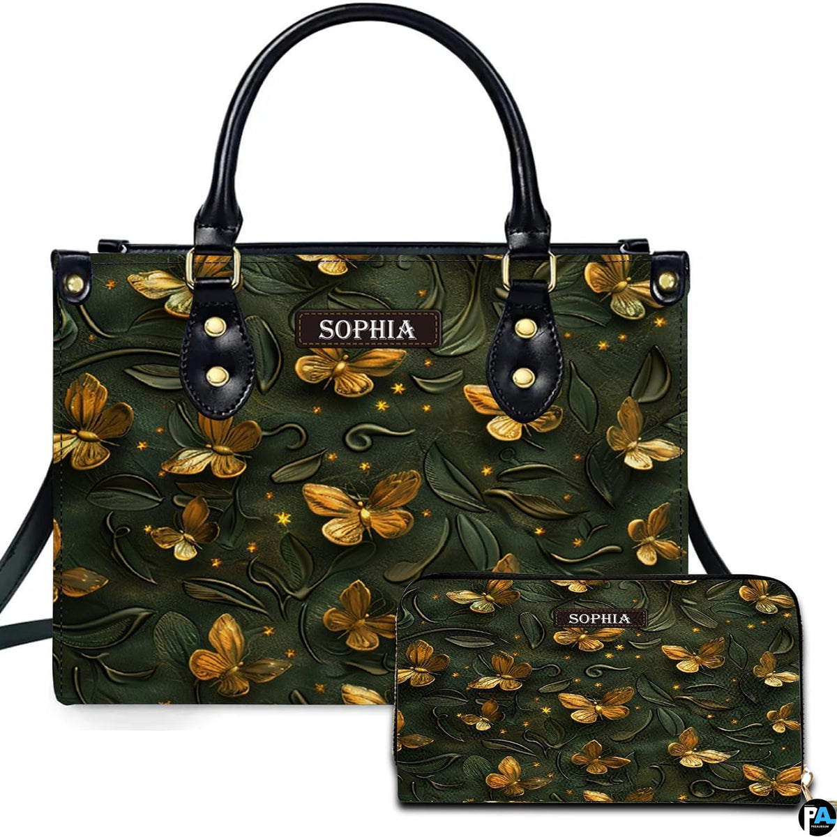 Handbag and matching wallet set featuring embossed golden butterflies on forest green.