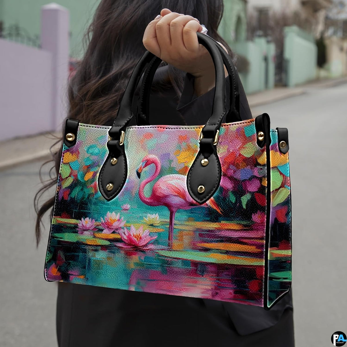 Angled front view displaying the painterly flamingo and floating water lily blossoms.