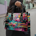 Angled front view displaying the painterly flamingo and floating water lily blossoms.