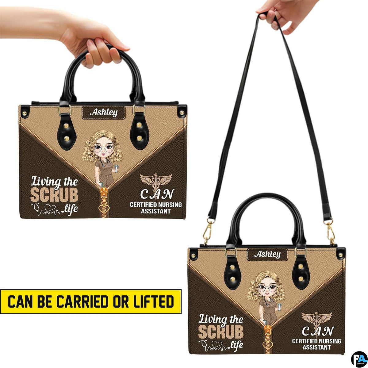 Four-panel showcase illustrating hardware attachments, zipper, and open layout.