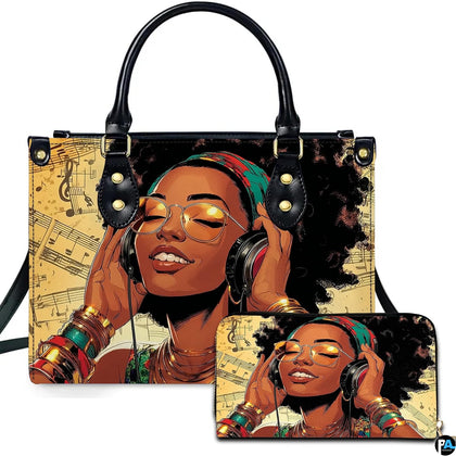 Black woman music handbag and matching wallet with afro and headphones