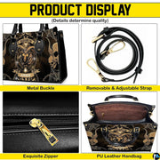 Four-panel collage illustrating corner fixtures, shoulder strap, top slider, and handbag interior view.