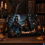 Gothic fantasy witch satchel displayed on dark wood table in library with candelabra and antique books.