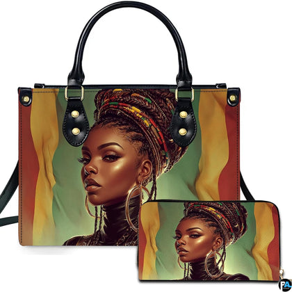 Braided hair woman handbag and matching wallet with colorful updo