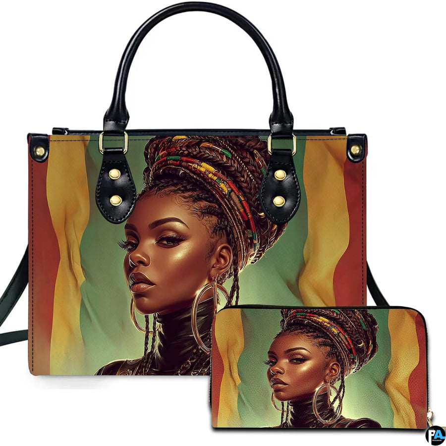 Braided hair woman handbag and matching wallet with colorful updo