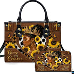 Studio presentation showing melanin queen sunflower artwork alongside matching companion accessory.