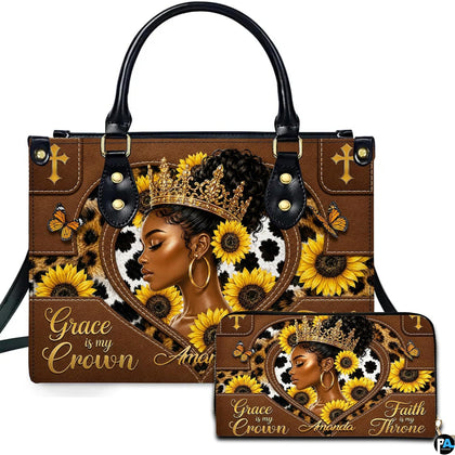 Studio presentation showing melanin queen sunflower artwork alongside matching companion accessory.