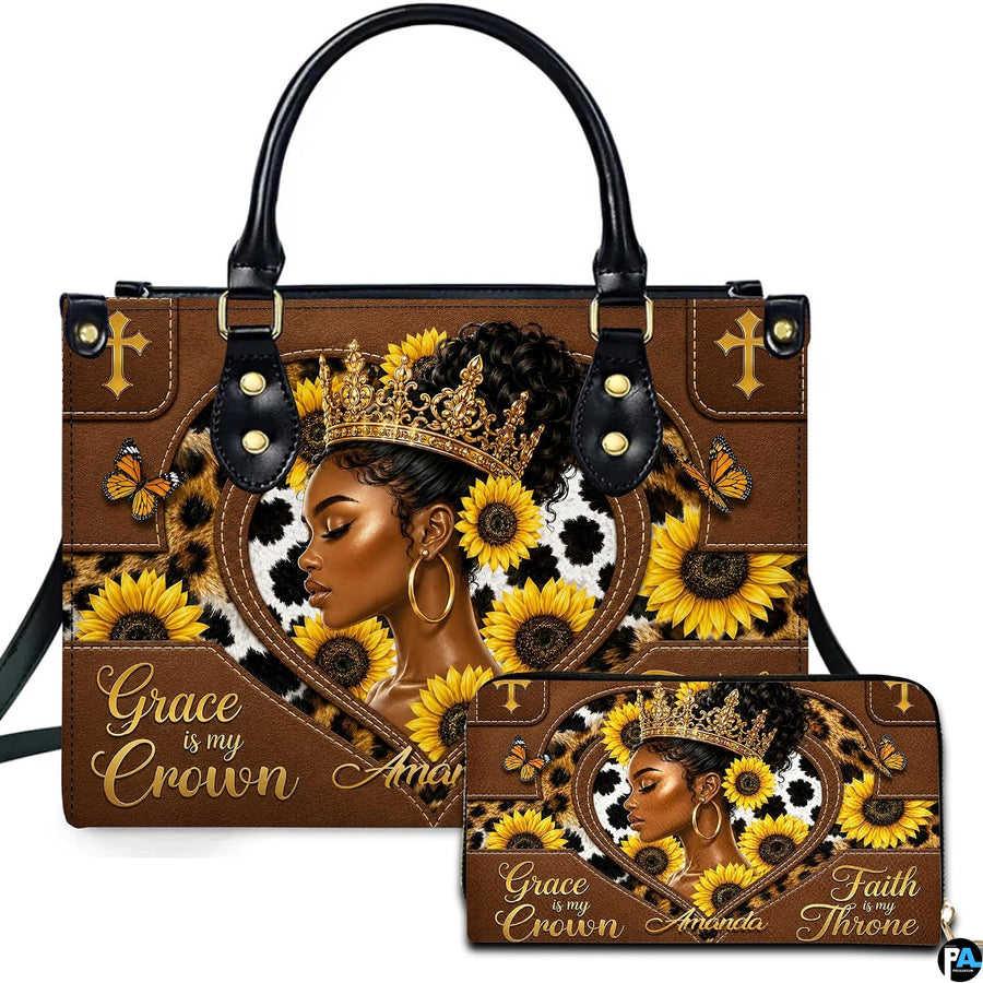 Studio presentation showing melanin queen sunflower artwork alongside matching companion accessory.