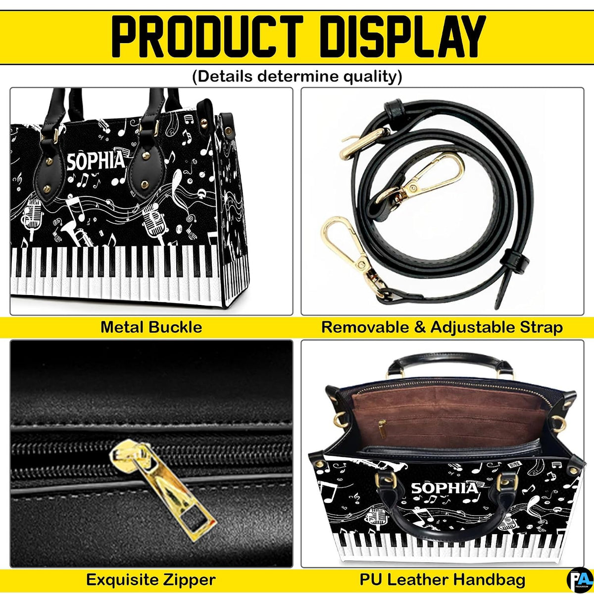Four paneled composition illustrating decorative views of hardware accents, musical motifs, and interior view.