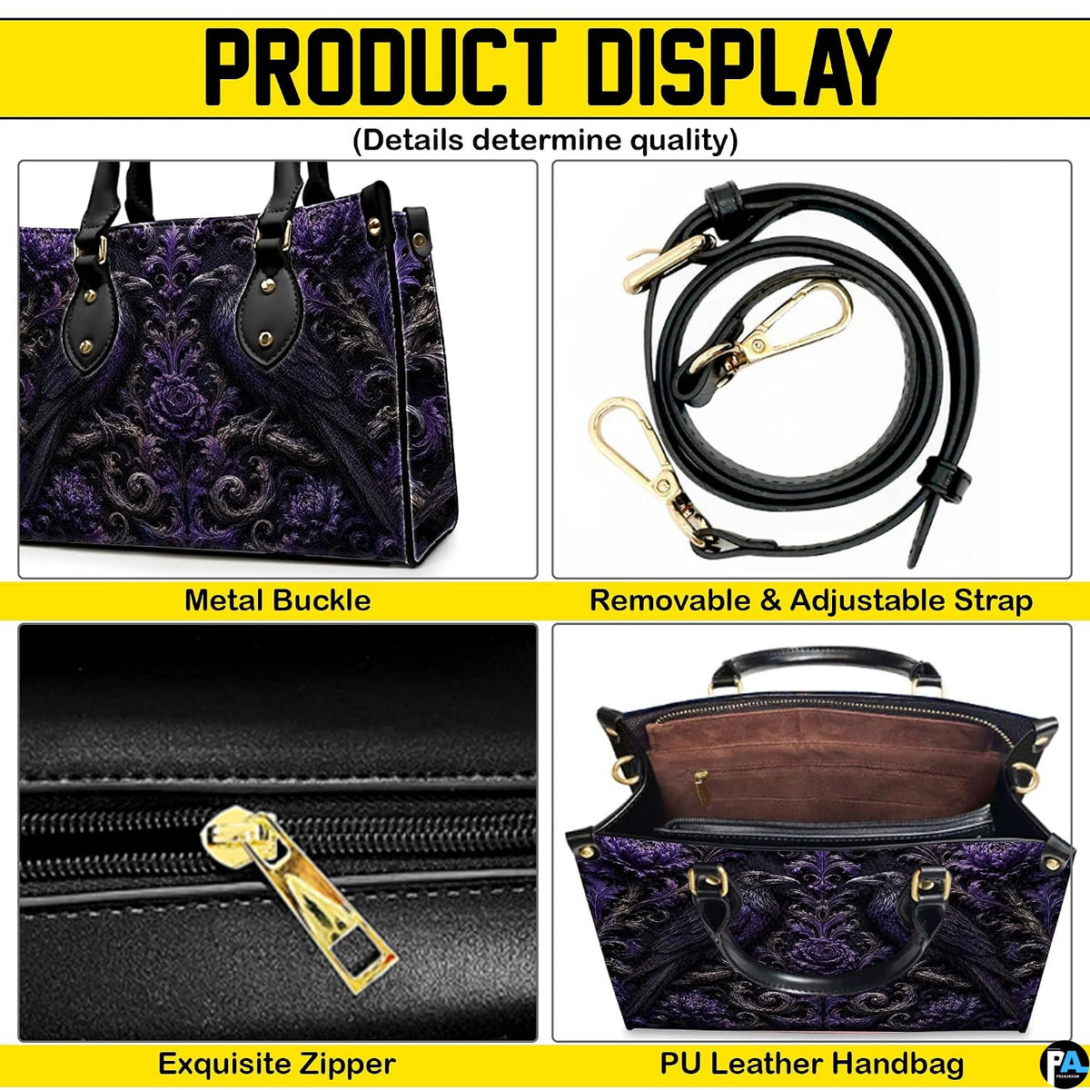 Four-panel layout presenting multiple perspectives and crisp graphic views of the gothic raven art accessory.