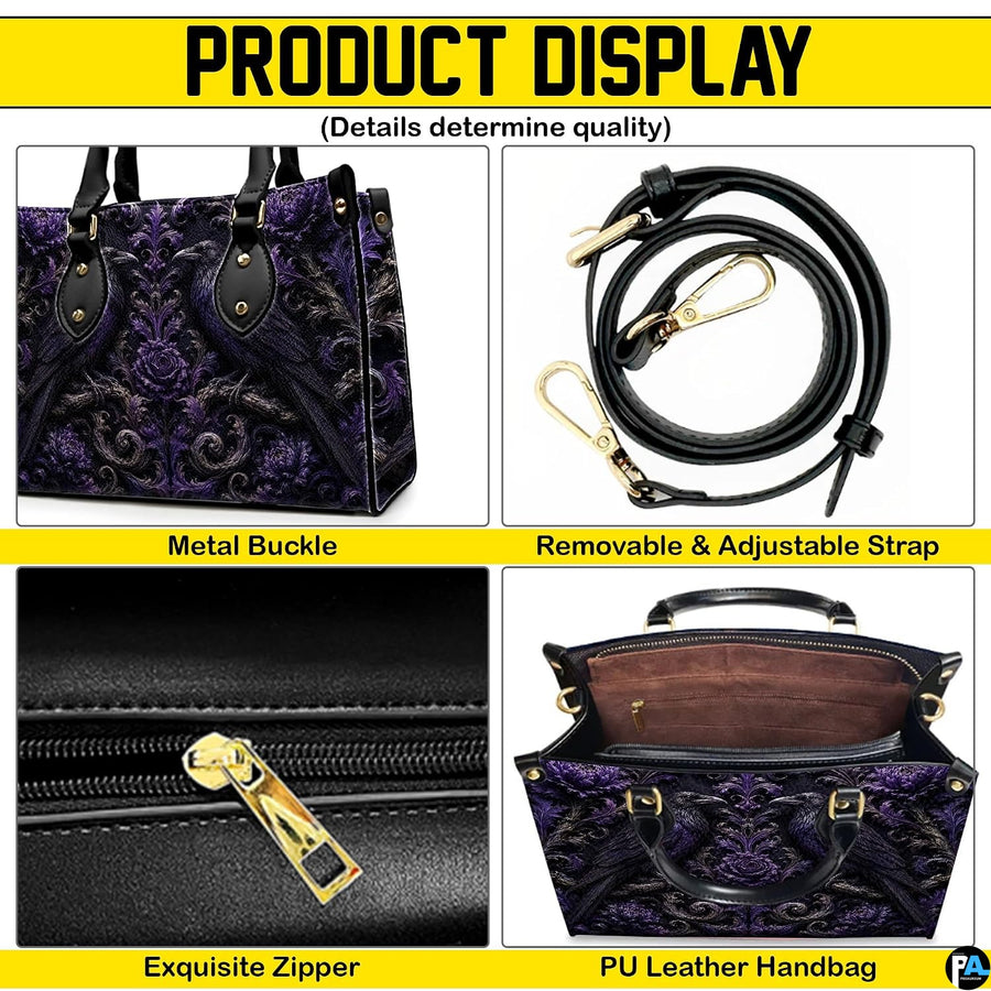 Four-panel layout presenting multiple perspectives and crisp graphic views of the gothic raven art accessory.