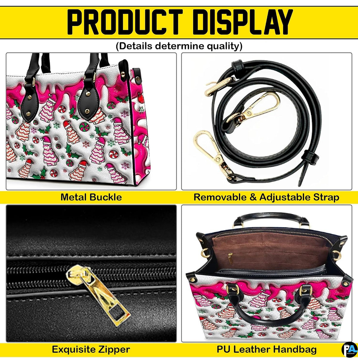 Dual display showing handheld carrying and shoulder wear for holiday tree cake handbag.