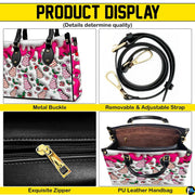 Dual display showing handheld carrying and shoulder wear for holiday tree cake handbag.