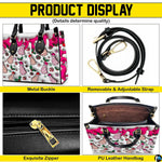 Dual display showing handheld carrying and shoulder wear for holiday tree cake handbag.