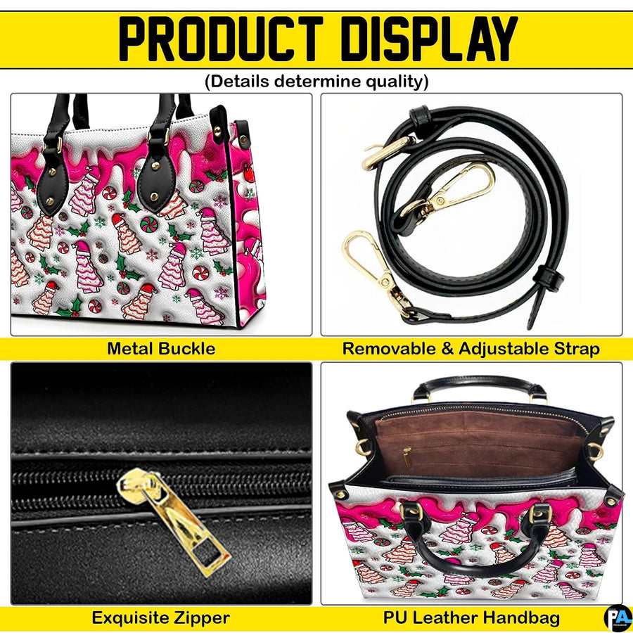 Dual display showing handheld carrying and shoulder wear for holiday tree cake handbag.