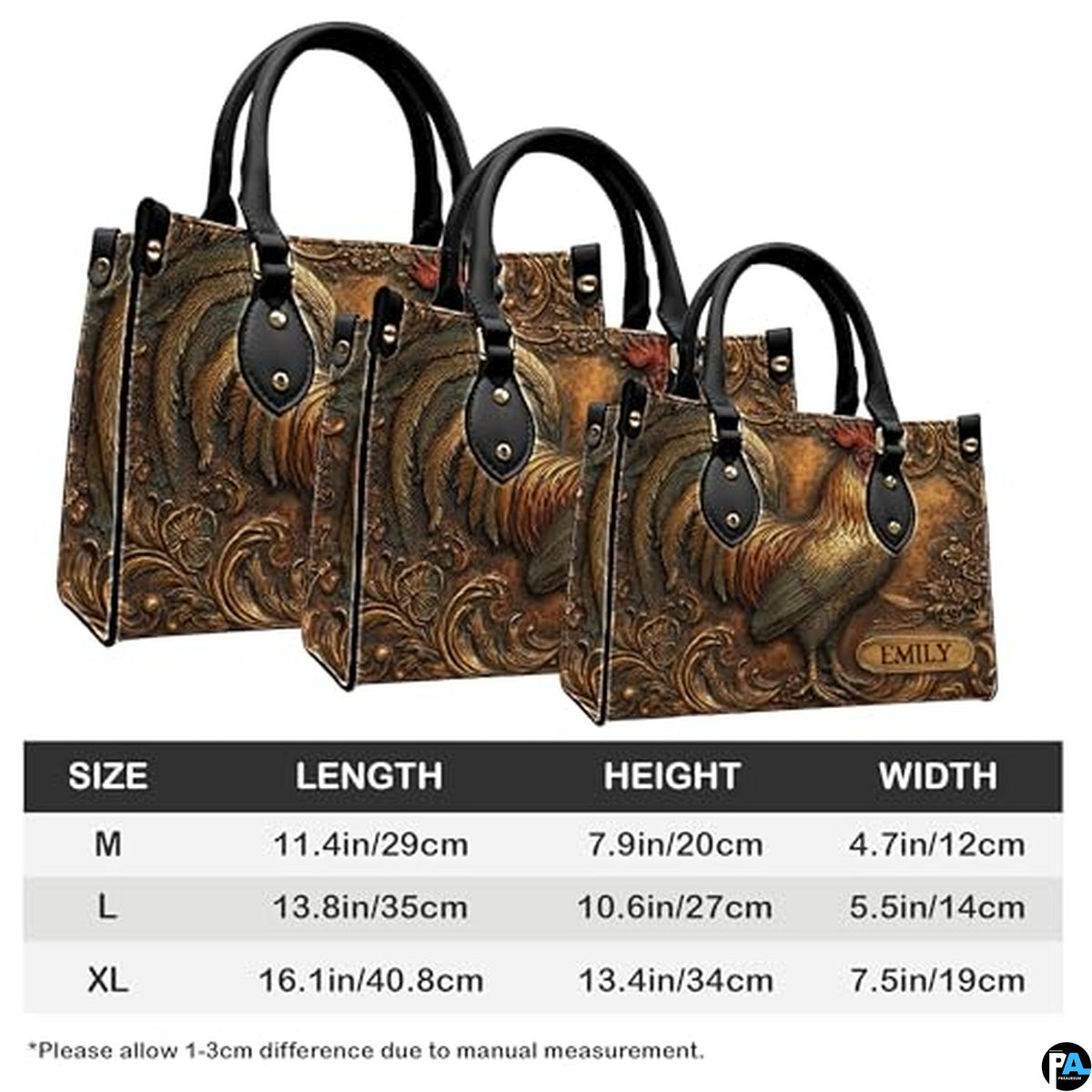 Personalized Animal Leather Handbag – Custom Name Flowers with 2D Print with 3D Effect – Gift for Gramma, Mom, Daughter