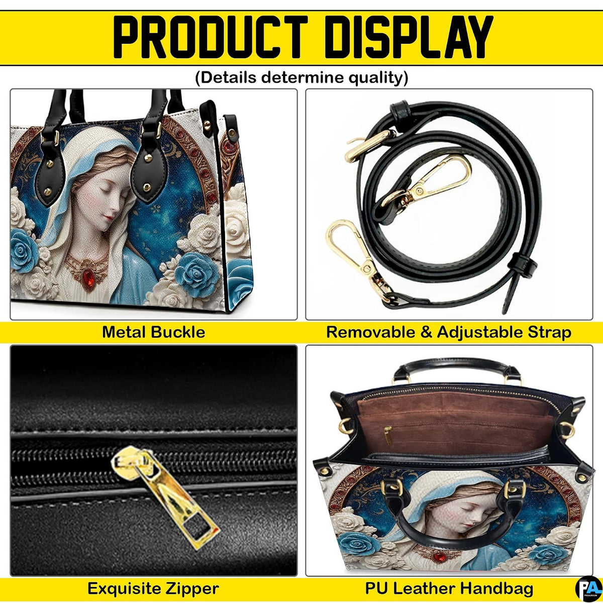 Product display overview showing shoulder strap, zipper top closure, metal buckle details, and interior.