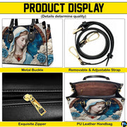 Product display overview showing shoulder strap, zipper top closure, metal buckle details, and interior.