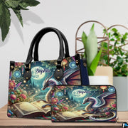 Celestial dragon handbag and matching wallet displayed together on tabletop beside decorative houseplant.