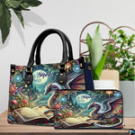 Celestial dragon handbag and matching wallet displayed together on tabletop beside decorative houseplant.