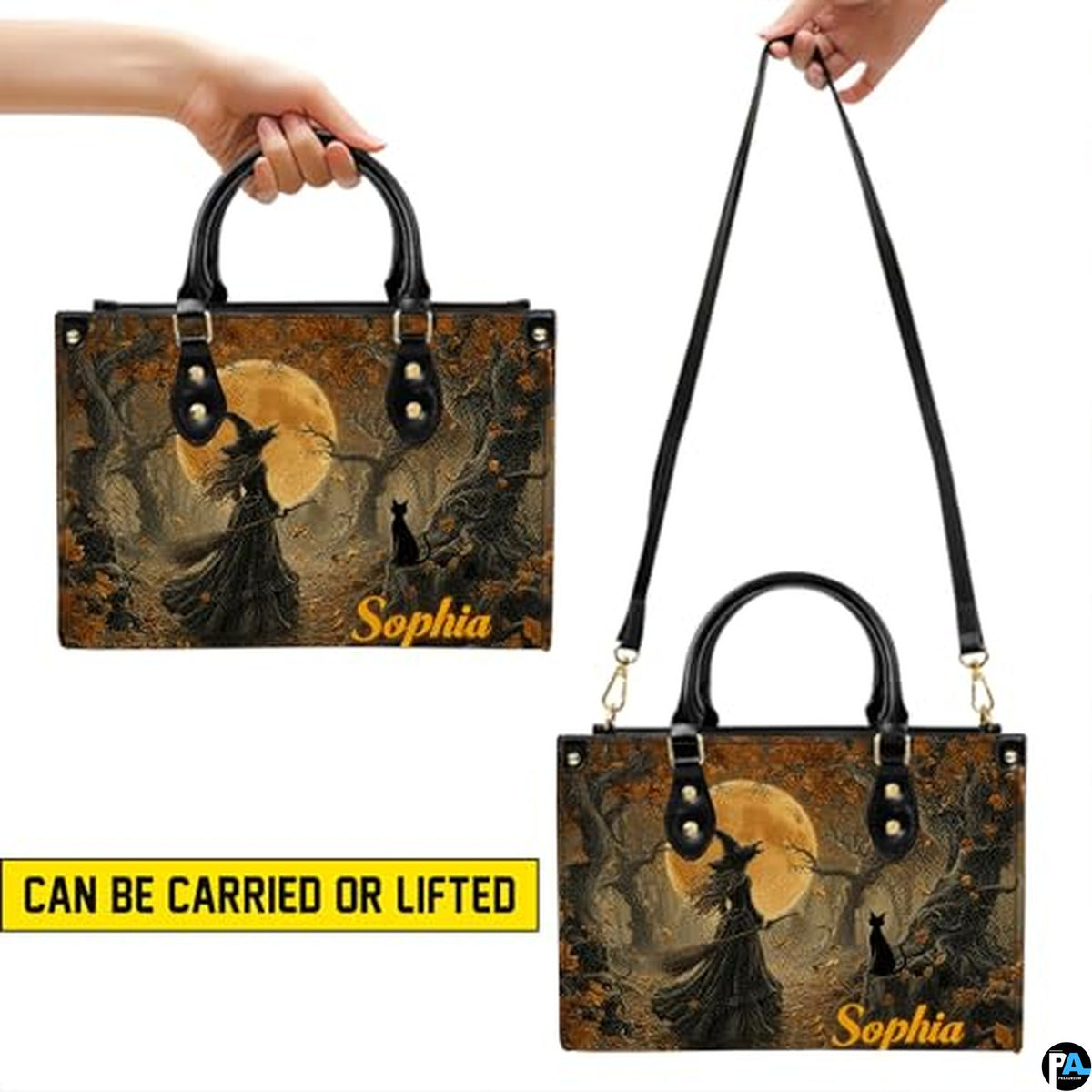 Personalized Halloween Leather Handbag – Custom Witch 3D Printing Effect Purses For Women – Spooky Gothic Shoulder Bag