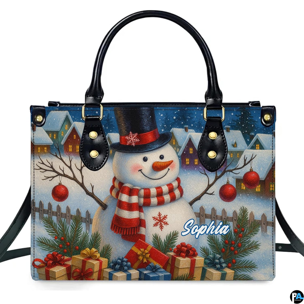 Front view of seasonal accessory featuring smiling snowman with wrapped gifts and cozy twilight village cottages.