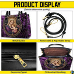 Detailed showcase showing top handles, detachable shoulder strap, gold-tone zipper, and interior compartment.