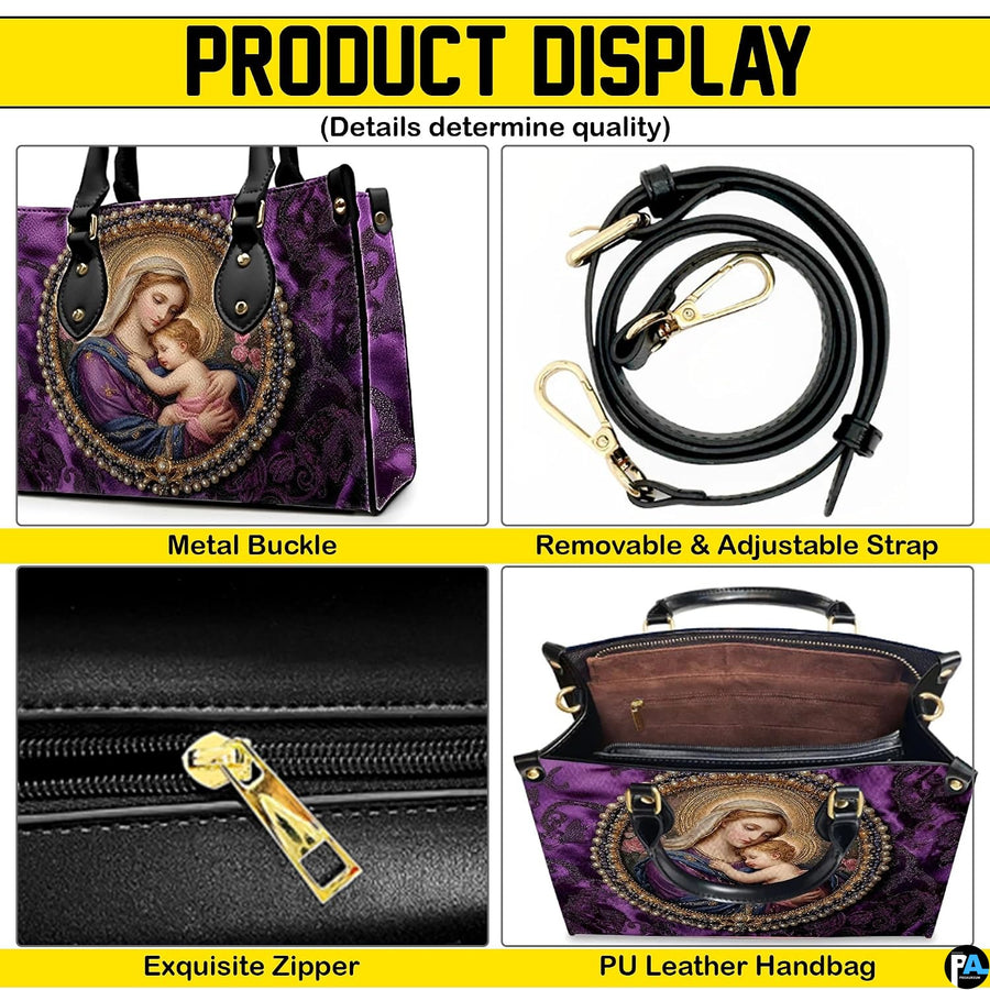 Detailed showcase showing top handles, detachable shoulder strap, gold-tone zipper, and interior compartment.