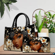 Coordinated styling display showing the matching artistic portrait pieces arranged beside indoor greenery.