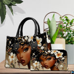 Coordinated styling display showing the matching artistic portrait pieces arranged beside indoor greenery.