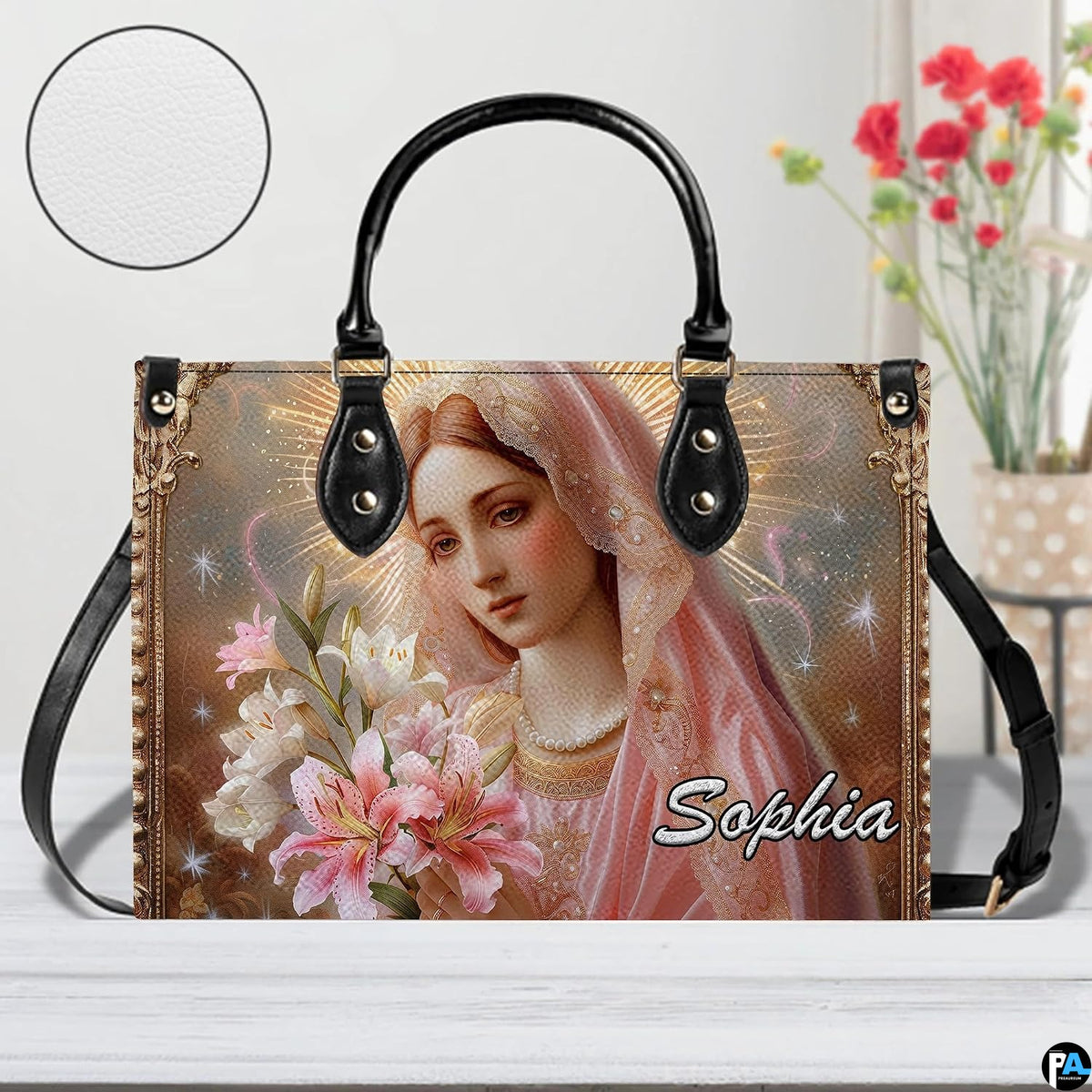 Handbag with Virgin Mary and lilies portrait displayed with texture zoom inset