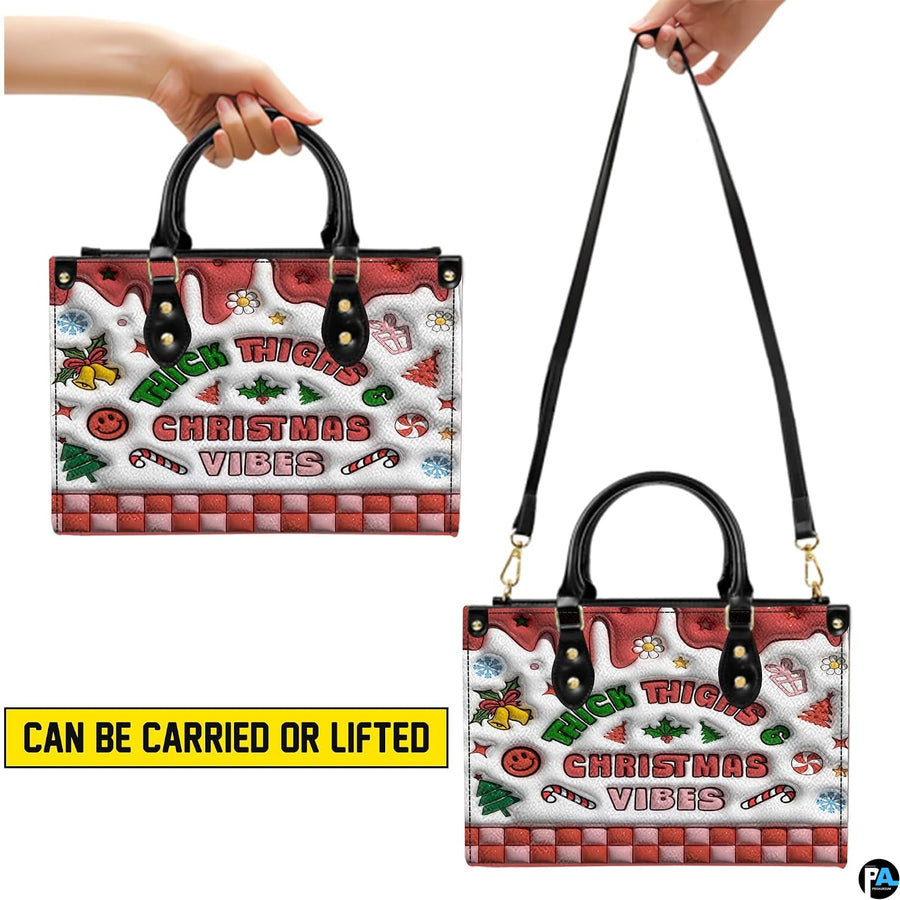 Demonstration of handbag carrying methods showing both top handle hand carry and shoulder strap wear.