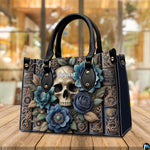 Perspective angle of gothic skull handbag highlighting book spine artwork on wooden surface.