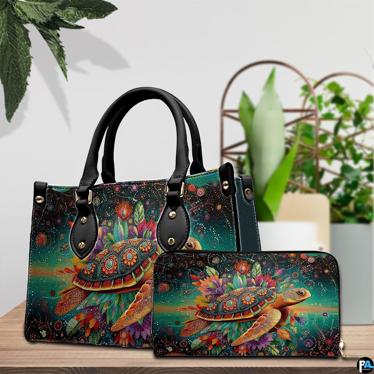 Lifestyle model display showing the mandala turtle handbag carried over the shoulder.
