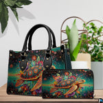 Lifestyle model display showing the mandala turtle handbag carried over the shoulder.