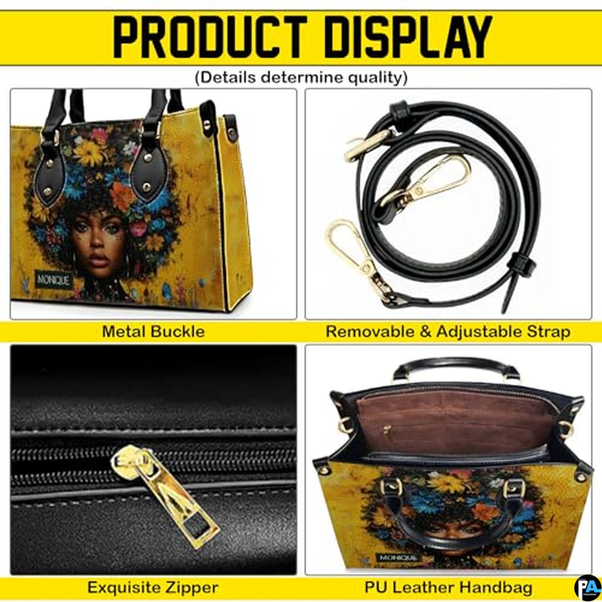 Black Girl Leather Handbag Custom Name Afrocentric Bag for - Design 03