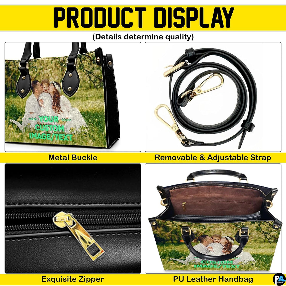 Four-panel showcase illustrating design details, hardware, and interior layout.