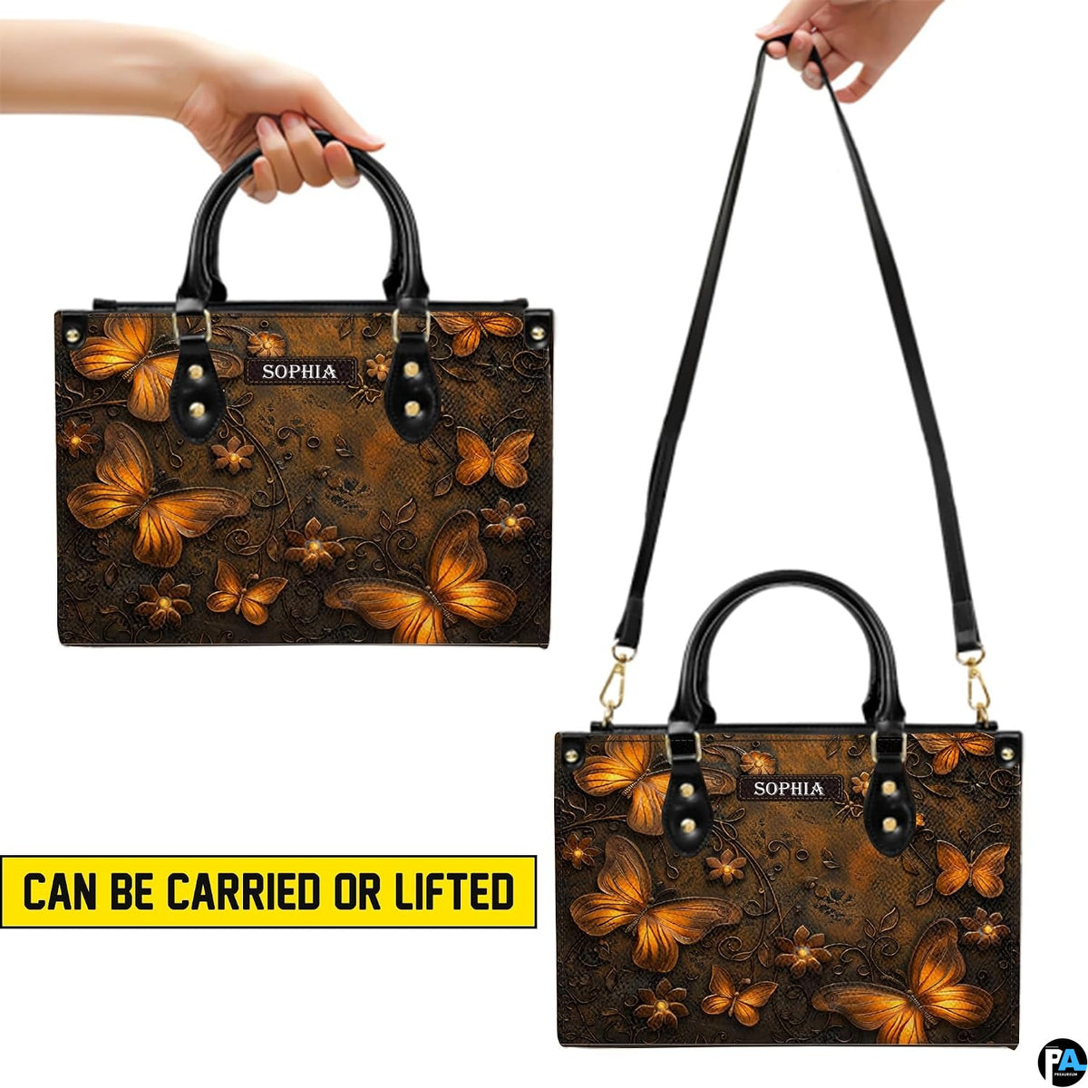 Carrying options demonstration illustrating handheld and shoulder wear for the bronze butterfly handbag.