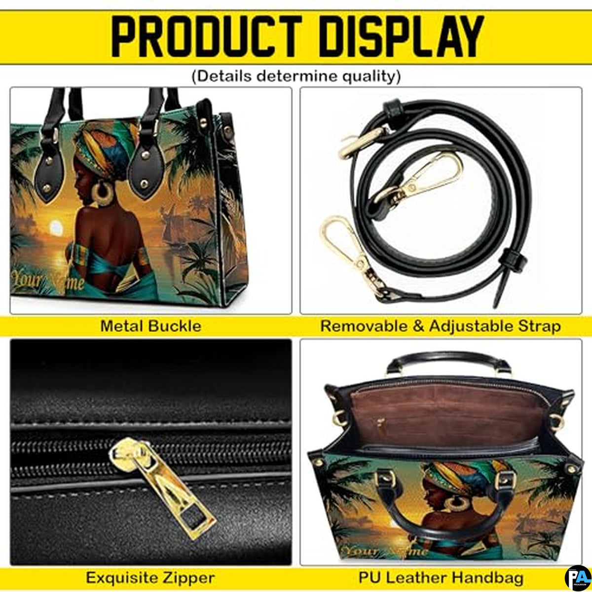 Personalized Black Women Leather Bag, Custom Name African Purses and Handbags Gifts for Mom Birthday Christmas Mothers Day
