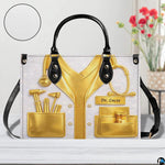 Contextual lifestyle display of the gold doctor coat handbag in an interior room setting.