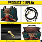 Multiple angles showing front artwork, interior layout, and side profile of the handbag