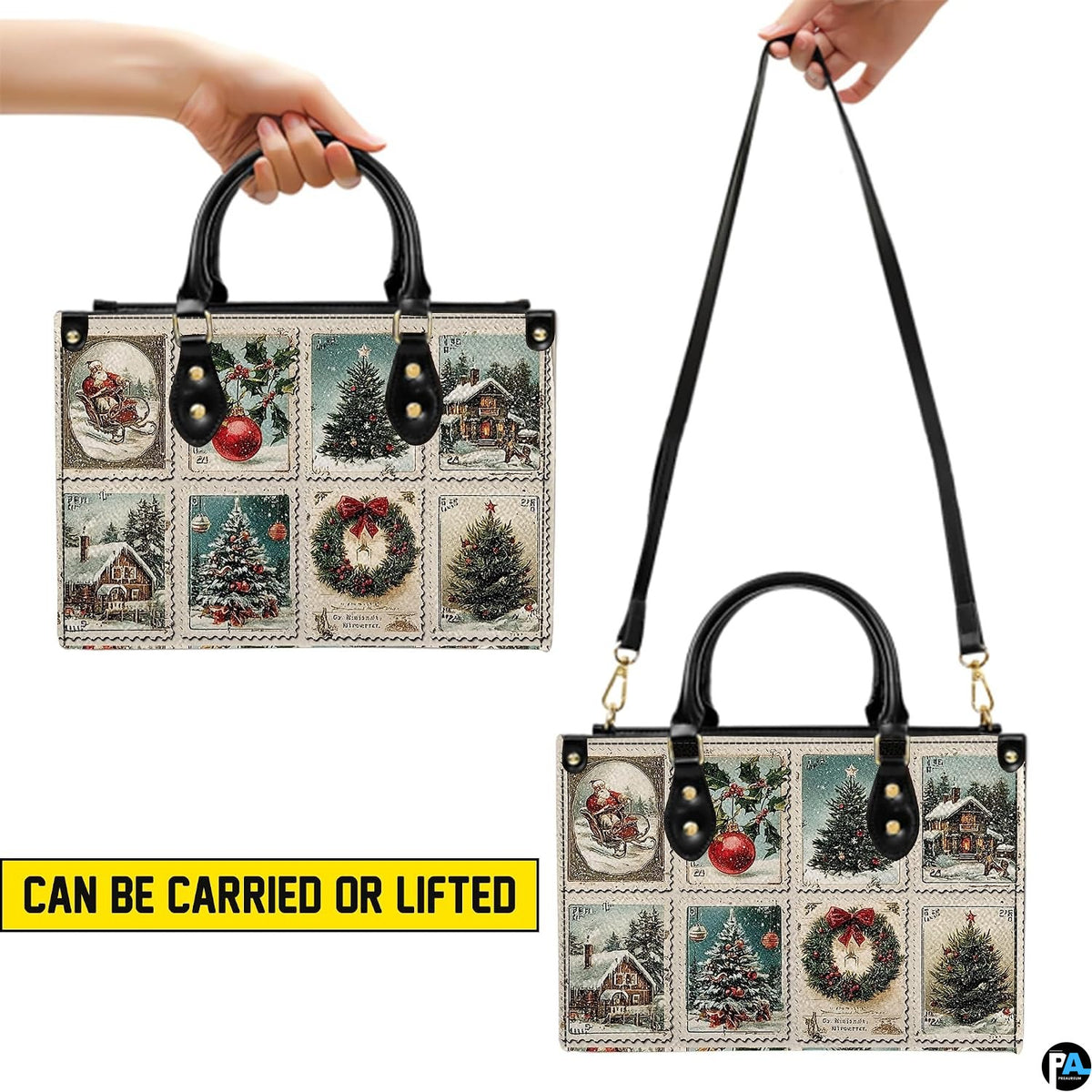 Angled display highlighting the perforated stamp artwork and festive illustrations.