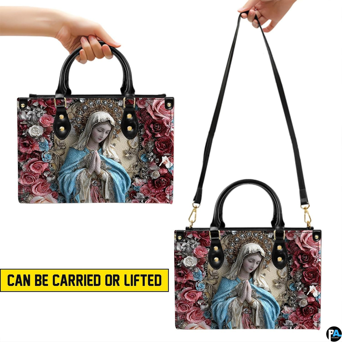 Visual presentation of dual carrying options for the praying Madonna floral accessory.