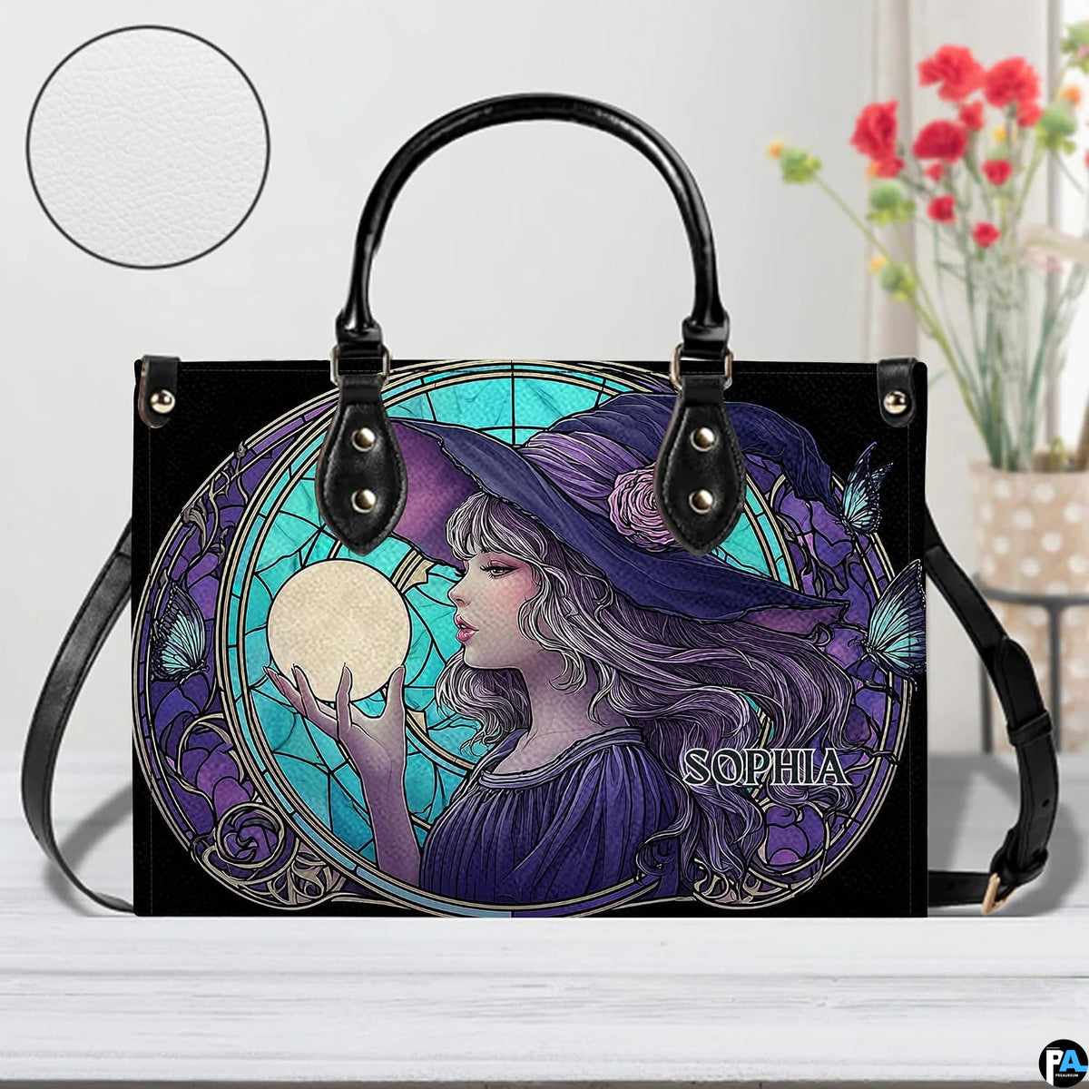 Front view highlighting vivid turquoise mosaic glass, purple hat rose, and radiant celestial moon orb.