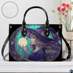 Front view highlighting vivid turquoise mosaic glass, purple hat rose, and radiant celestial moon orb.