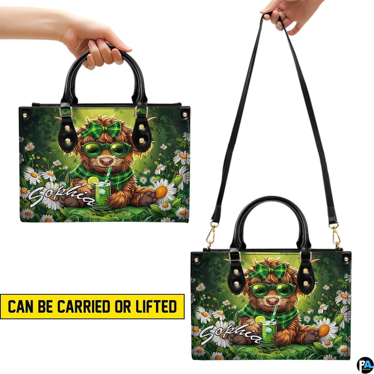 Dual configuration presentation displaying handheld and shoulder strap positioning of the graphic print.
