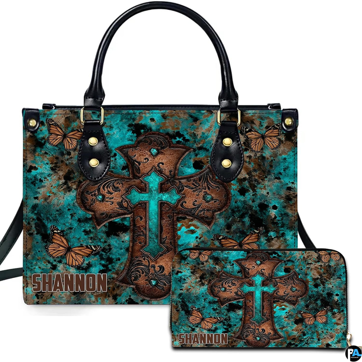Rustic turquoise cross butterfly handbag and matching wallet set with distressed patina background.