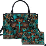 Rustic turquoise cross butterfly handbag and matching wallet set with distressed patina background.