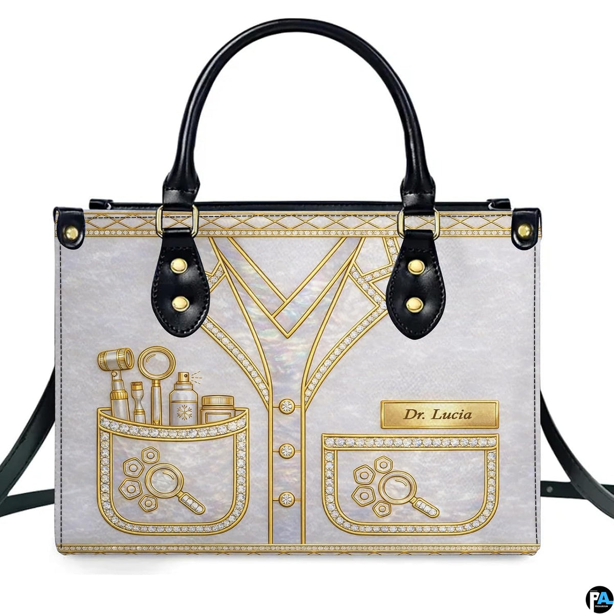 Dermatologist coat with gold dermatoscope, magnifying lens, and cosmetic vials on white handbag.